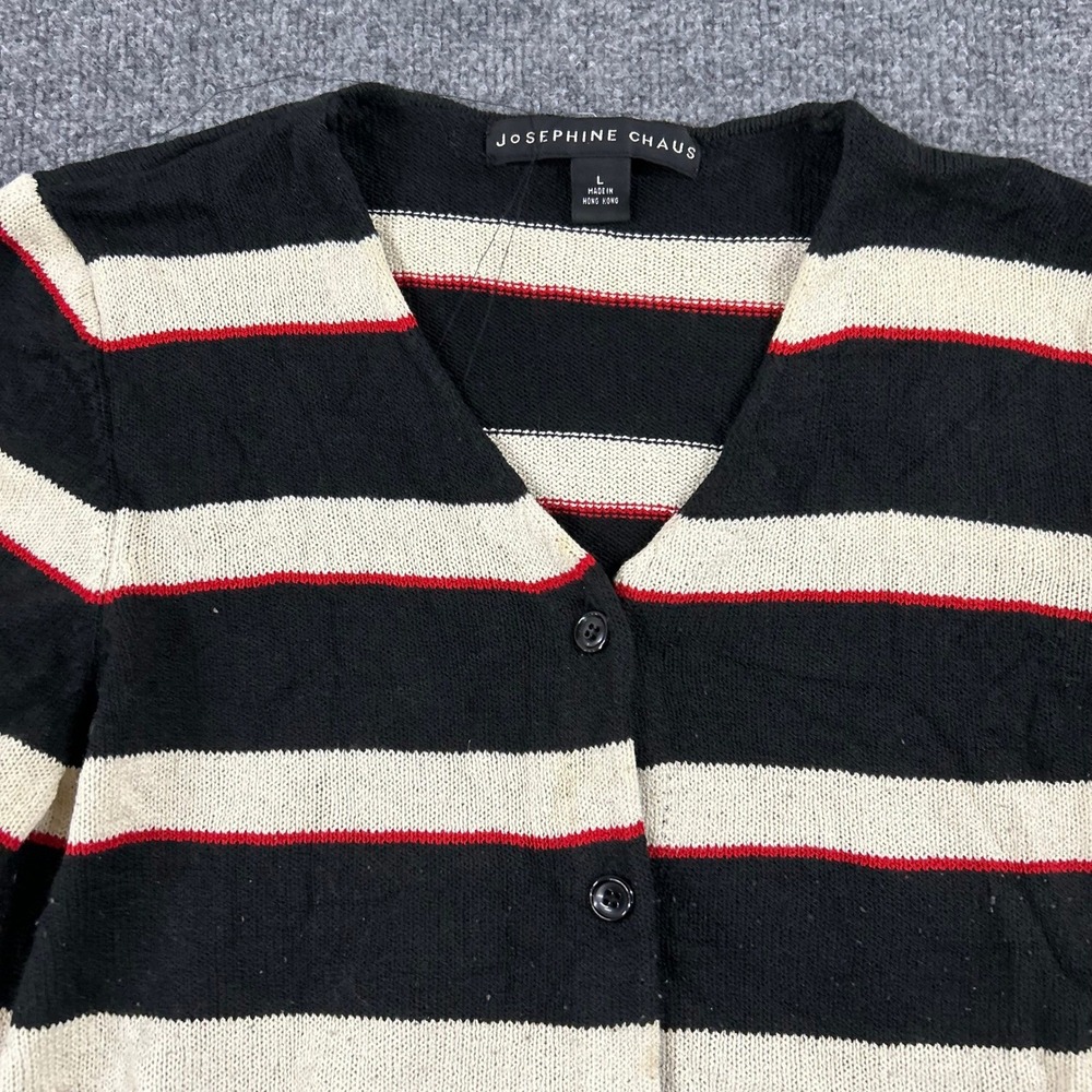 Josephine Chaus Cardigan Womens Size L Black Striped V-Neck Button Front Knit